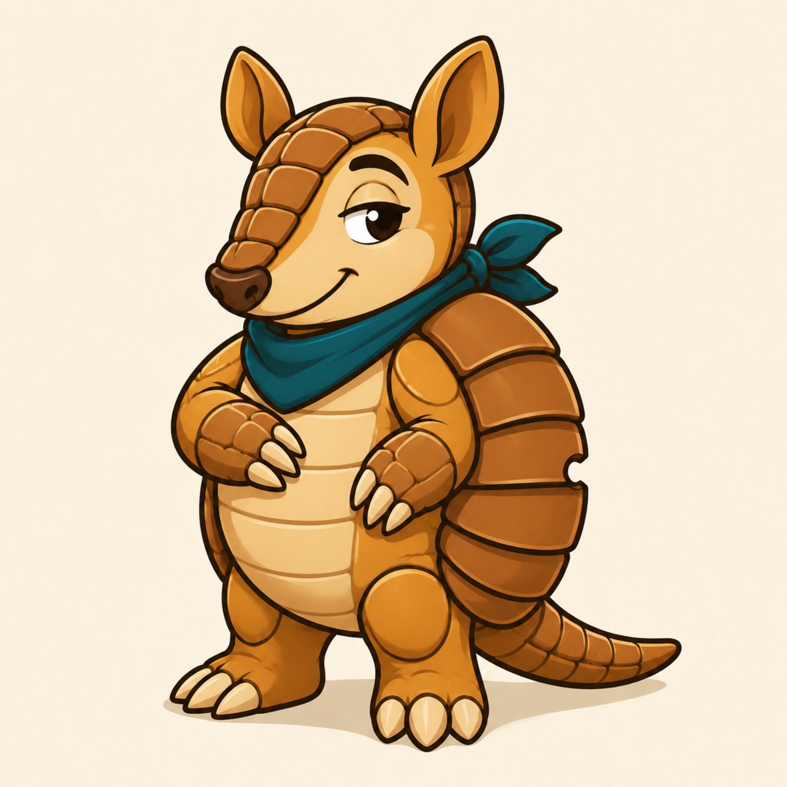 Tanko, a golden armored armadillo wearing a teal bandana